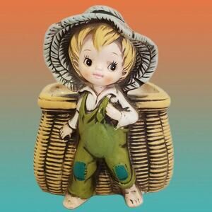 Vintage Caffco Ceramic Farmer Boy Pot Vase Woven Basket Planter Made in Japan